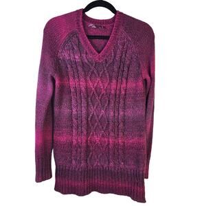 Prana Leisel Cable Knit Sweater Women's L Plum Ombre V Neck Longline Outdoorcore